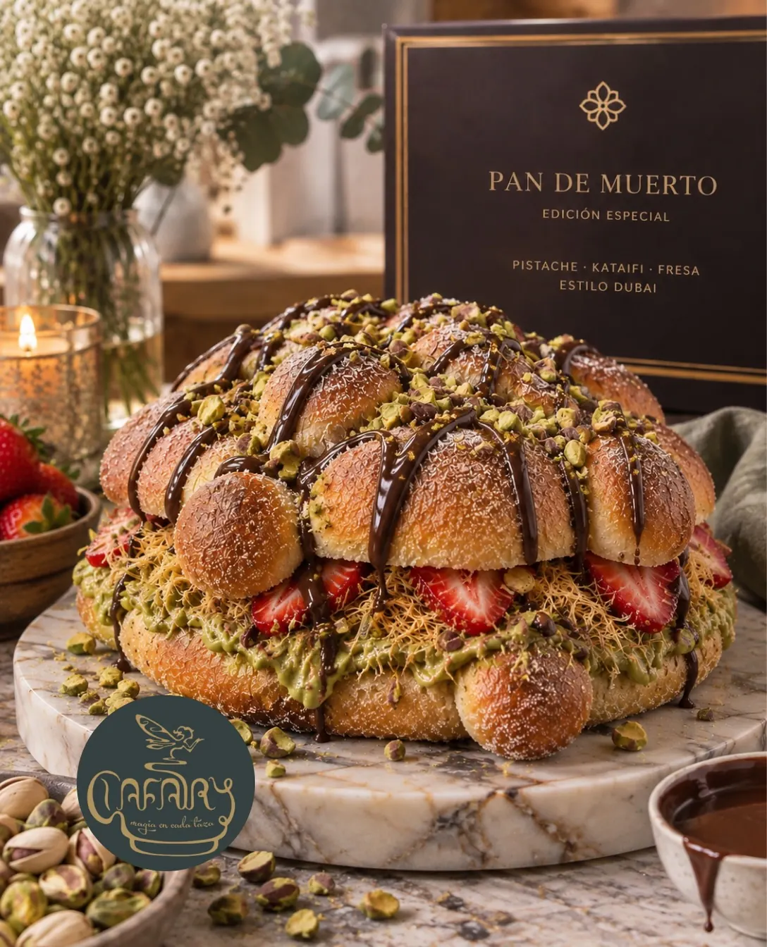 Pan de muerto relleno de crema de pistache, kataifi y fresas